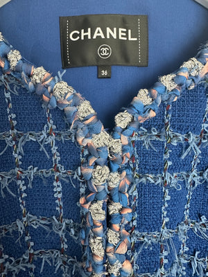 Chanel Blue Tweed Jacket with Silver Button Details Size FR 36 (UK 8)