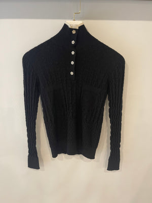 Chanel Black Cashmere Jumper with Silver Camelia Buttons and White Trim Details Size FR 34 (UK 6)