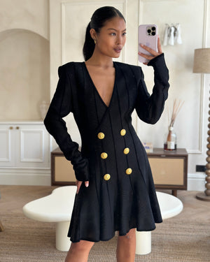 Balmain Black Striped Double Breasted Midi Dress with Gold Button Detail Size FR 44 (UK 16)