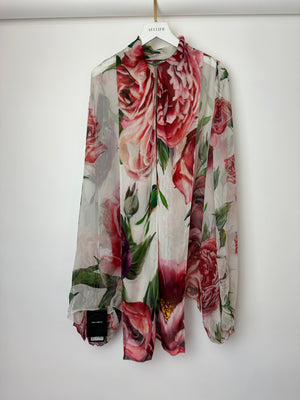 Dolce & Gabbana Blush Green, Pink and Purple Floral Sheer Silk Blouse with Bow Neckline Size IT 44 (UK 12)