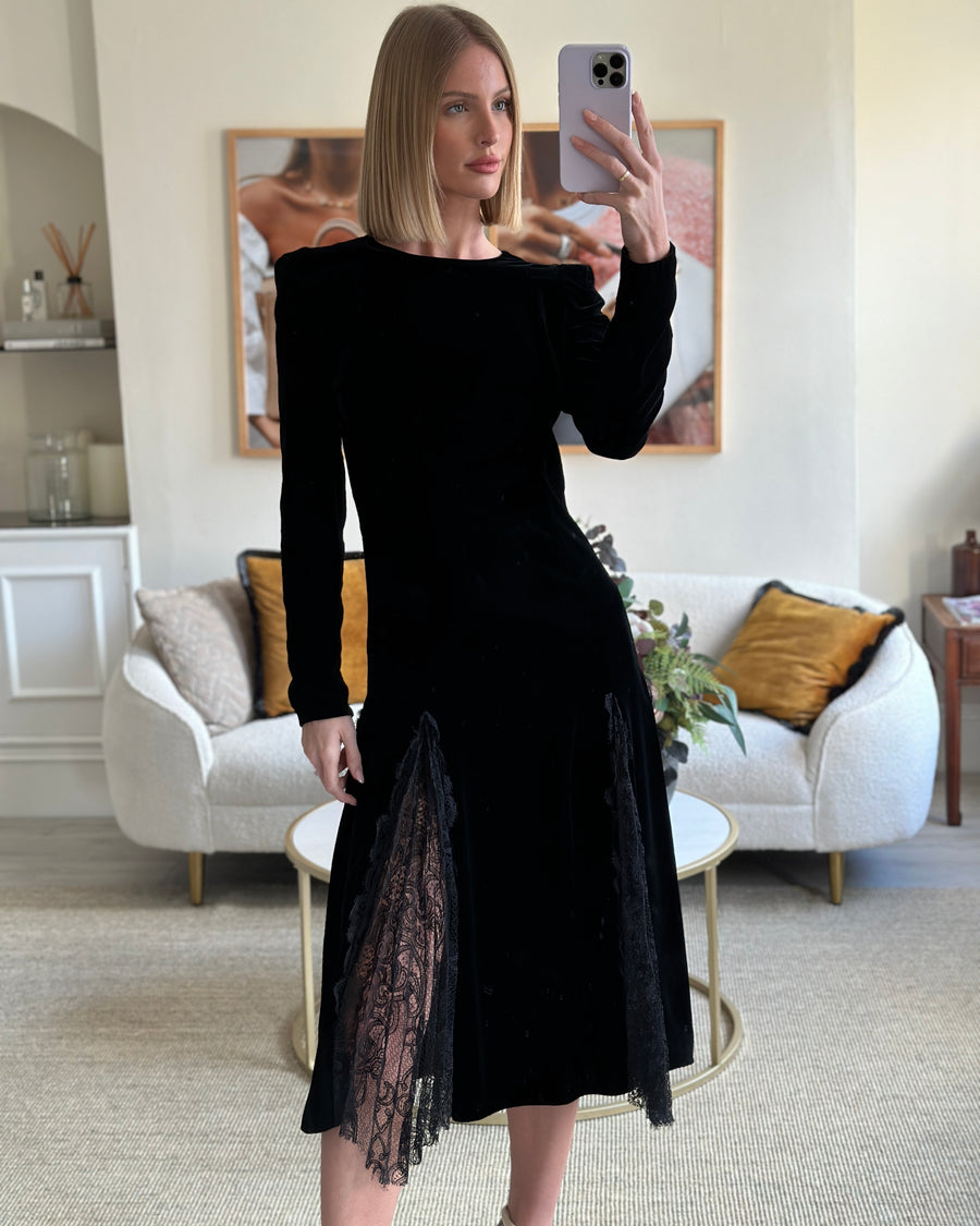 Ermanno Scervino Black Velvet Dress with Lace Panel Detail Size IT 42 (UK 10)