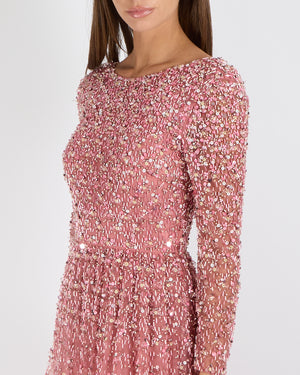 Valentino Pink Tulle Long Sleeved Gown with Crystal and Flower Embellishments Size IT 38 (UK 6)