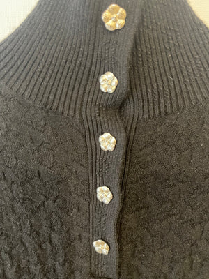 Chanel Black Cashmere Jumper with Silver Camelia Buttons and White Trim Details Size FR 34 (UK 6)