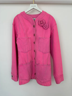 *HOT* Chanel 21S Hot Pink Denim Jacket with Detachable Camelia Brooches Detail Size FR 34 (UK 6)