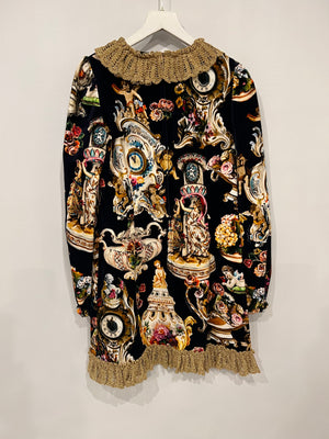 Dolce & Gabbana Navy Velours Long-Sleeved Mini Dress with Baroque Fantasy Prints with Gold Collar and Trim Size IT 40 (UK 8)