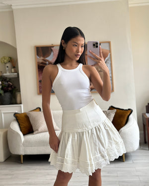 Louis Vuitton White Linen Ruffled Mini Skirt with LV Logo Crochet Detail Size FR 36 (UK 8) RRP £2500