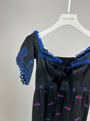 Temperley Black and Electric Blue Midi Ruffle Dress with Lips Embroidery Detail Size UK 10