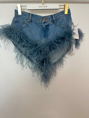 AREA Blue Denim High-Waisted Shorts with Feather Trim Detail Size FR 36 (UK 8)