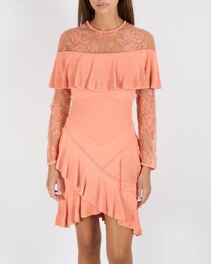 Elie Saab Resort 2018 Coral Pink Long-Sleeve Mini Ruffle Dress with Lace Details Size FR 38 (UK 10)