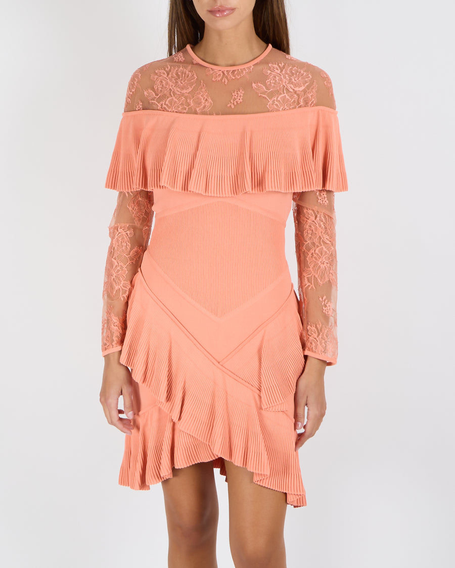 Elie Saab Resort 2018 Coral Pink Long-Sleeve Mini Ruffle Dress with Lace Details Size FR 38 (UK 10)