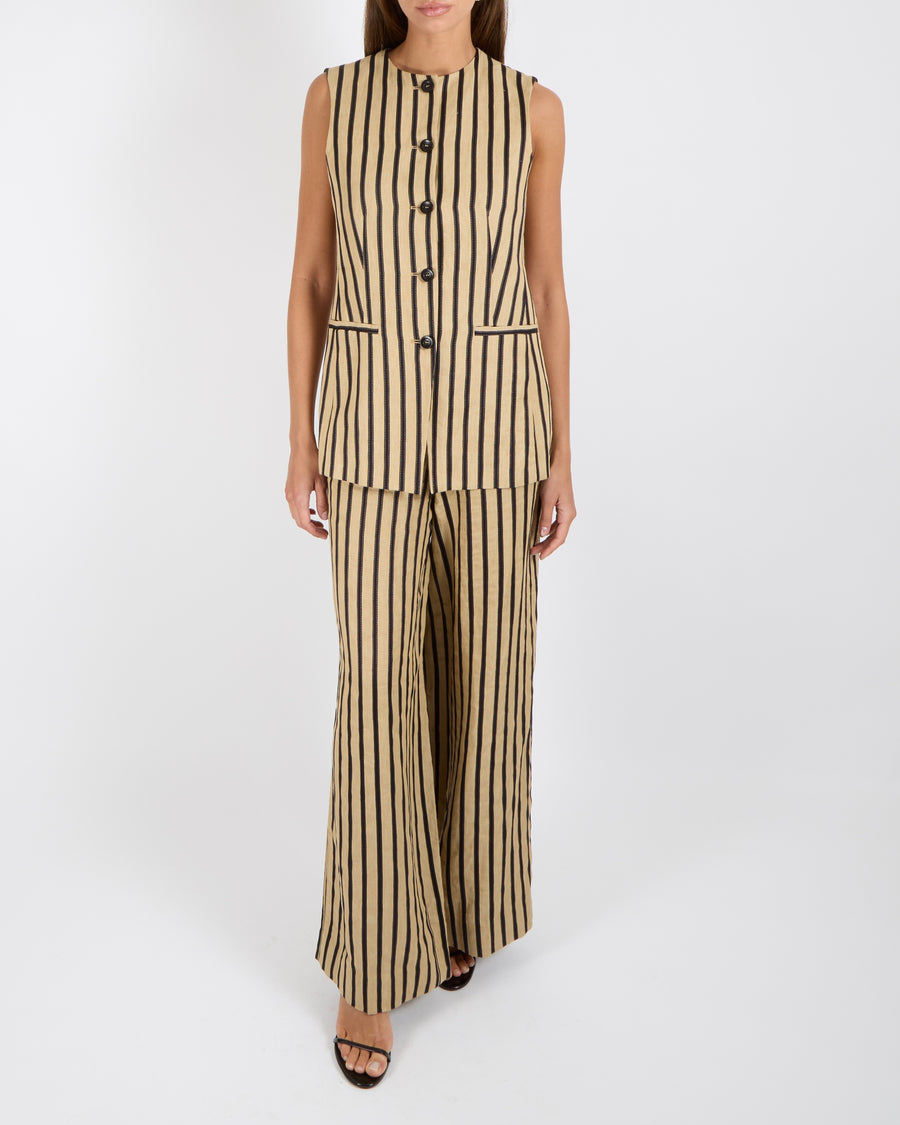 Max Mara Beige and Black Linen Striped Vest and Trouser Set Size IT 42 (UK 10) RRP £1,275