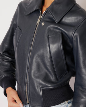 Bottega Veneta Navy Calfskin Leather Jacket with Silver Zipper and Knitted Details Size FR 36 (UK 8) RRP £5,000