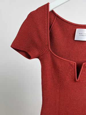 Galvan Burgundy Short-Sleeve Ribbed Maxi Dress Size S (UK 8)