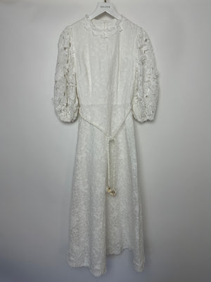 Zimmermann Lola Embroidered Ramie White Midi Dress Size 0 (UK 8)