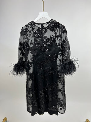 Erdem Black Silk Embellished Mini Dress with Cropped Sleeves and Feather Cuff Detail IT 40 (UK 8)