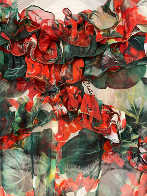 Dolce & Gabbana Red Floral Silk Ruffle Long-Sleeve Mini Dress Size IT 40 (UK 8)