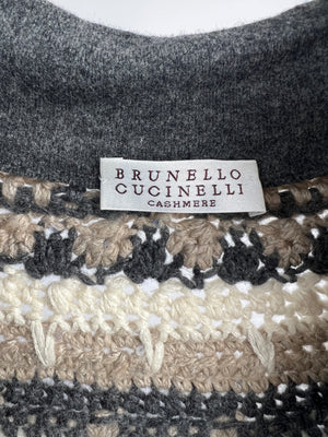 Brunello Cucinelli Beige Knitted Long Sleeve Cardigan with Crochet Collar Detail IT 44 (UK 12)