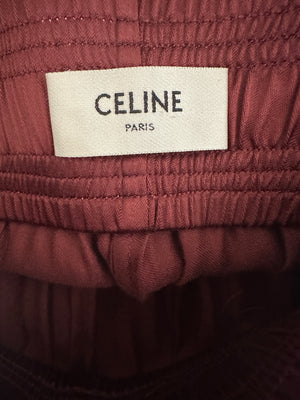 Celine Burgundy Satin Boxing Trousers with Cuffed Hems and Waistband Logo Detail Size FR 34 (UK 6)