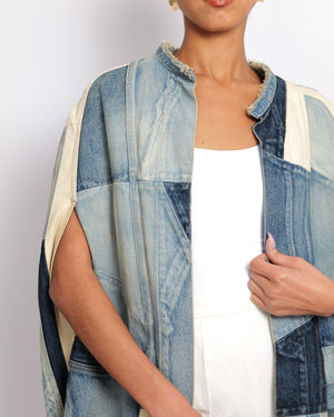 Saint Laurent Blue Denim Patchwork Sleeveless Jacket with Frayed Hem Detail Size XS (UK 6)