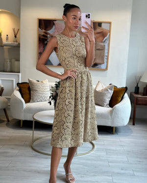 Prada Metallic Gold Sleeveless Floral Crochet Midi Dress Size IT 38 (UK 6)