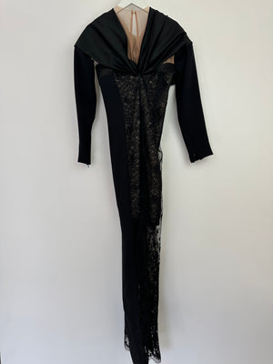Alessandra Rich Black Long Sleeve Lace Maxi Dress with Floral Detail IT 42 (UK 10)