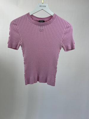 Chanel Pink RIbbed Cotton T-Shirt with CC Logo Detail FR 34 (UK 6)