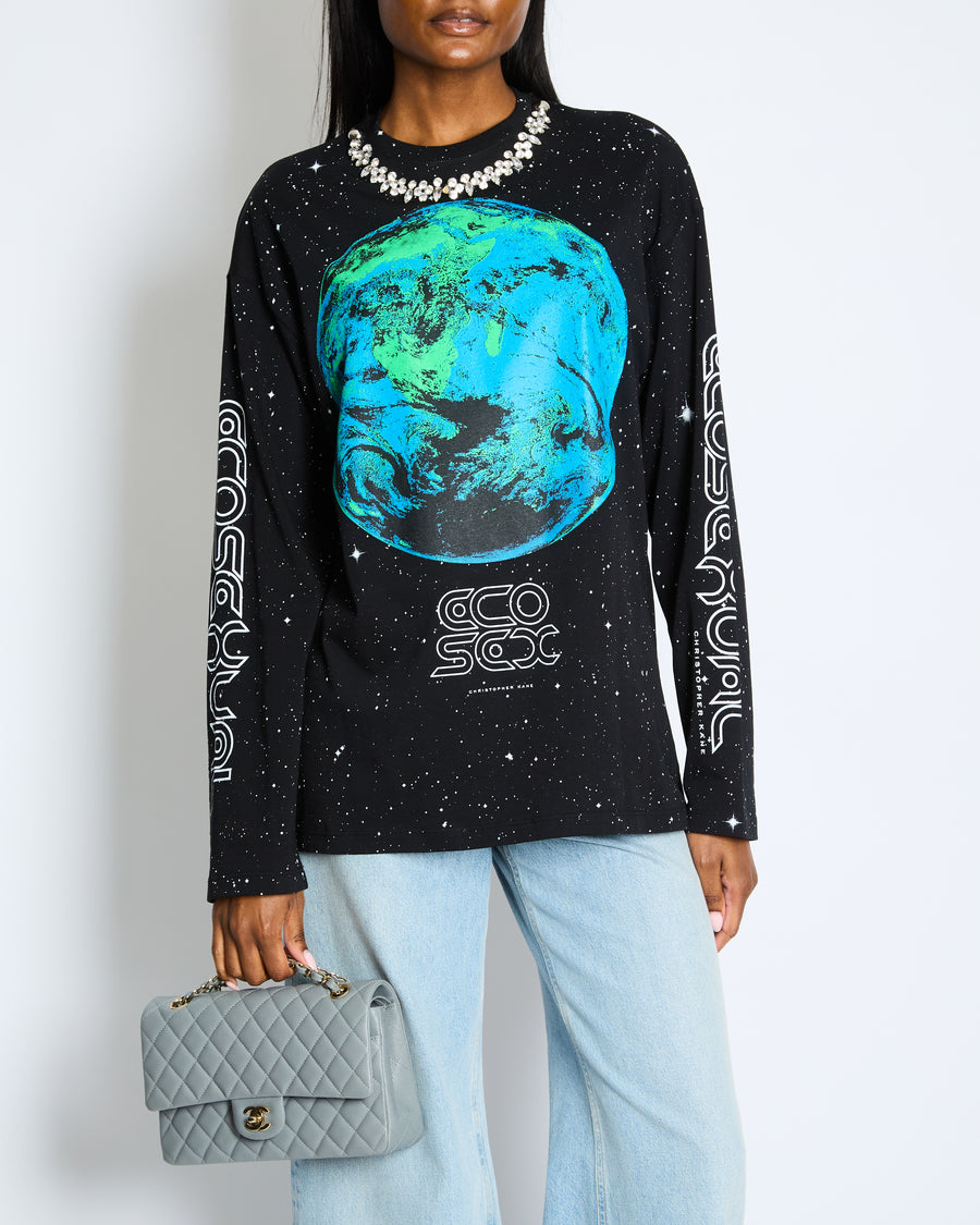 Christopher Kane Black ECO Sex World Long-Sleeve T-Shirt with Embellished Crystal Neckline Size S (UK 8)