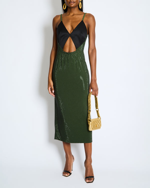 Christopher Kane Emerald Green Sequin Embellished Dress with Satin Black Top Detail UK 12