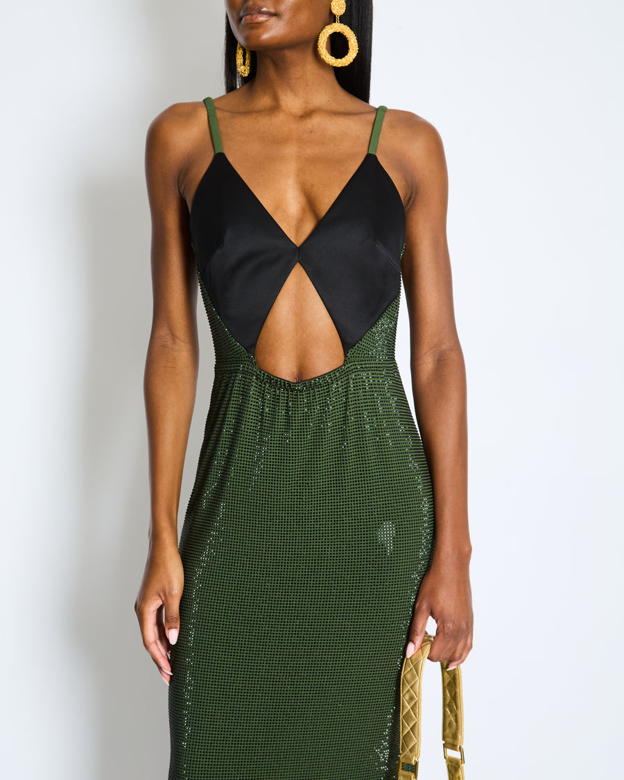Christopher Kane Emerald Green Sequin Embellished Dress with Satin Black Top Detail UK 12