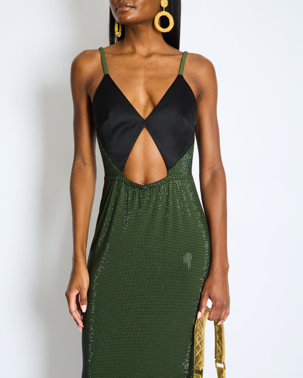 Christopher Kane Emerald Green Sequin Embellished Dress with Satin Black Top Detail UK 12