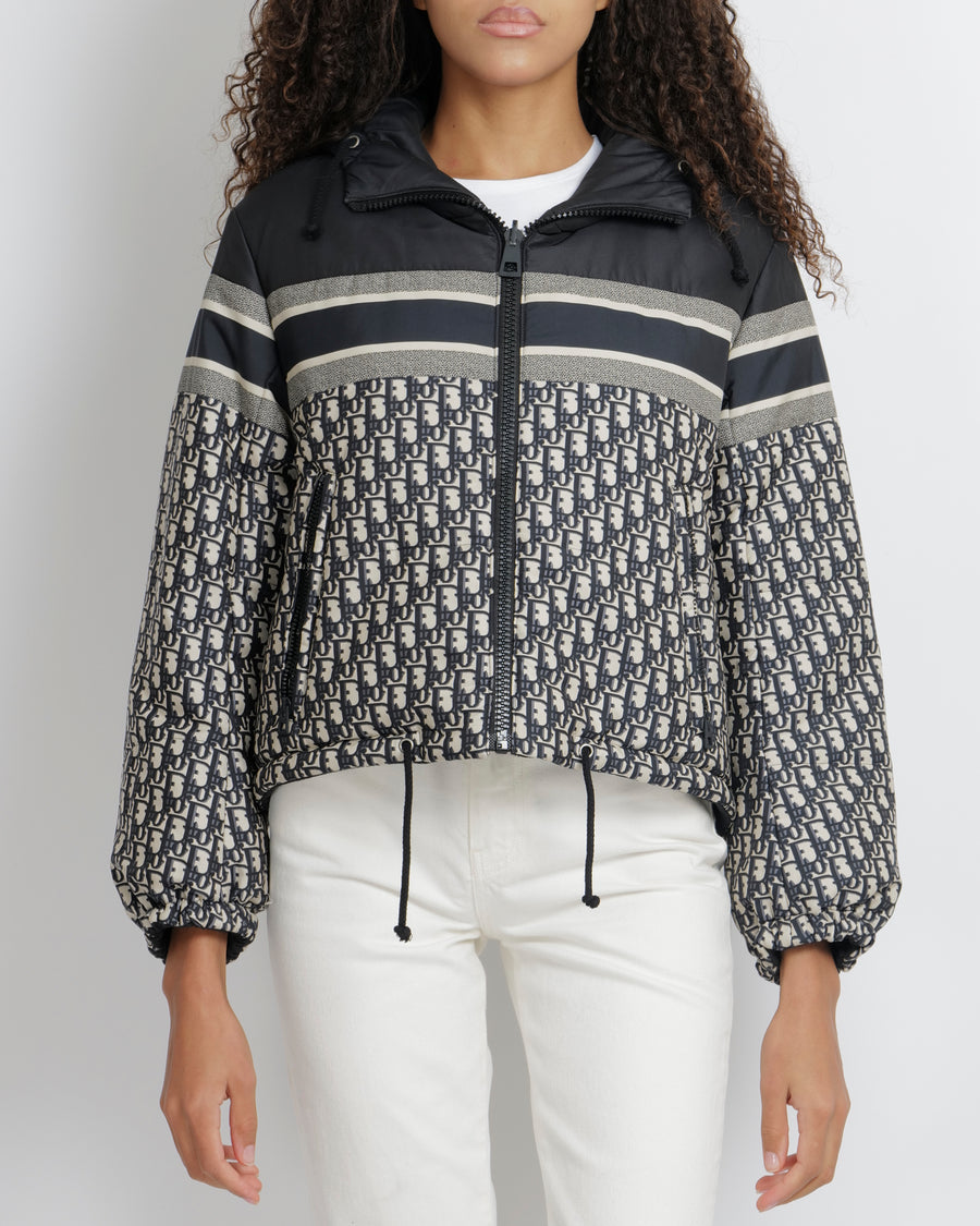 Christian Dior Navy and Ecru Cropped Reversible Puffer Jacket with Oblique Logo Pattern and Back Logo Size XS (UK 6) RRP £4,500