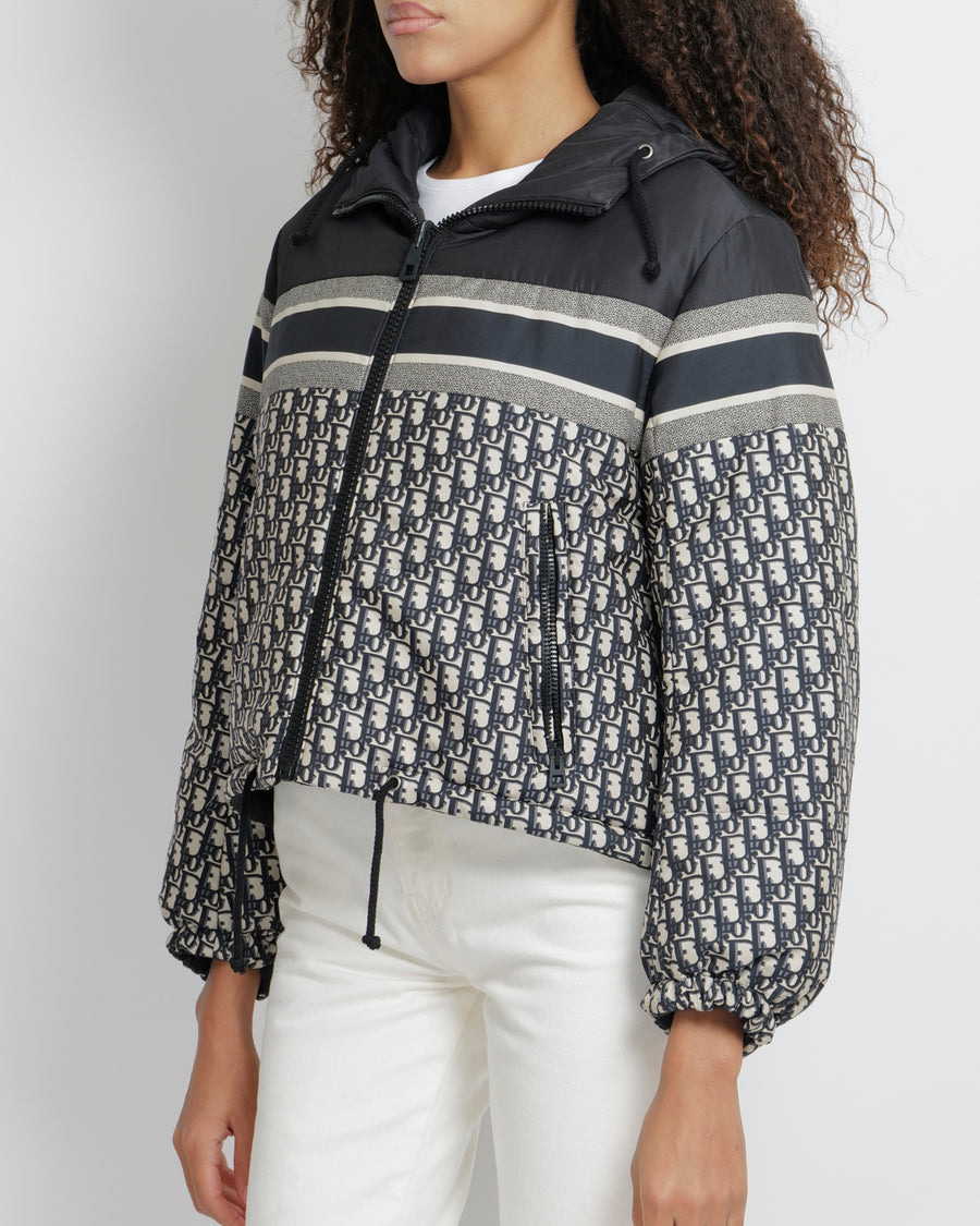 Christian Dior Navy and Ecru Cropped Reversible Puffer Jacket with Oblique Logo Pattern and Back Logo Size XS (UK 6) RRP £4,500