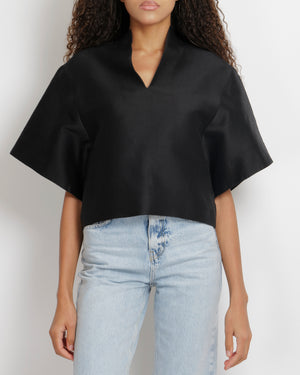 Toteme Black Cotton and Silk Blend Short Sleeved Azzuro Top Size XS (UK 6)