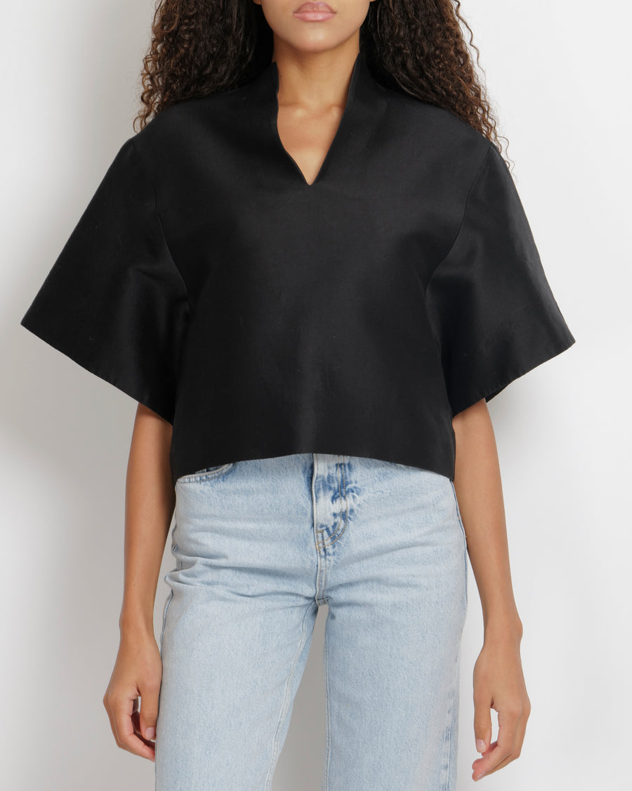 Toteme Black Cotton and Silk Blend Short Sleeved Azzuro Top Size XS (UK 6)