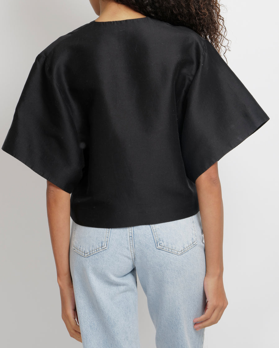 Toteme Black Cotton and Silk Blend Short Sleeved Azzuro Top Size XS (UK 6)