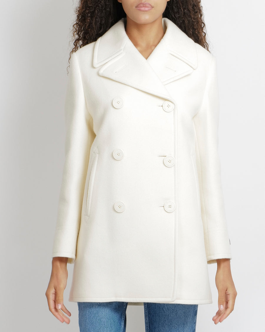Prada Cream Wool Double-Breasted Coat with Logo Buttons and Black Logo Patch Detail Size IT 38 (UK 6) RRP £3,000