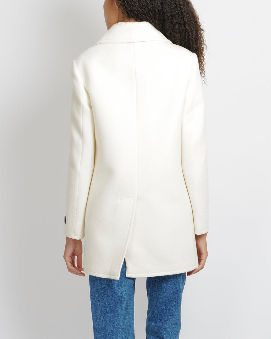 Prada Cream Wool Double-Breasted Coat with Logo Buttons and Black Logo Patch Detail Size IT 38 (UK 6) RRP £3,000