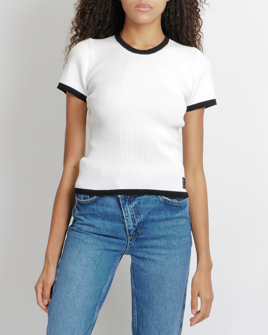 Chanel SS25 White Ribbed Short-Sleeved Top with Black Trims and Embroidered CC Logo Detail Size FR 40 (UK 12)