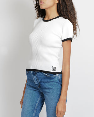 Chanel SS25 White Ribbed Short-Sleeved Top with Black Trims and Embroidered CC Logo Detail Size FR 40 (UK 12)