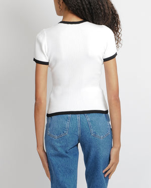Chanel SS25 White Ribbed Short-Sleeved Top with Black Trims and Embroidered CC Logo Detail Size FR 40 (UK 12)