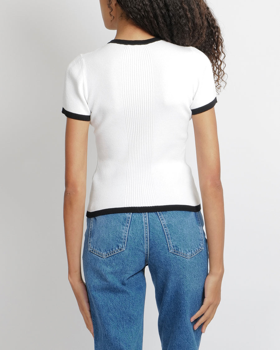 Chanel SS25 White Ribbed Short-Sleeved Top with Black Trims and Embroidered CC Logo Detail Size FR 40 (UK 12)