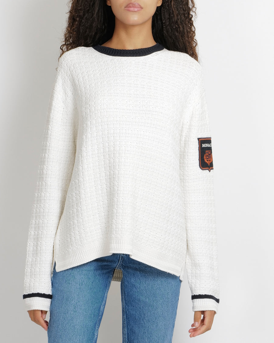 Loro Piana White Silk Knitted Jumper with NavyTrims and Monaco Arm Patch Size L (UK 12)