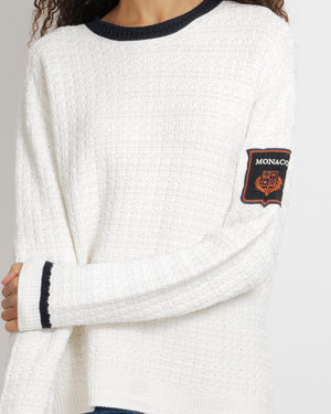 Loro Piana White Silk Knitted Jumper with NavyTrims and Monaco Arm Patch Size L (UK 12)