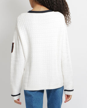 Loro Piana White Silk Knitted Jumper with NavyTrims and Monaco Arm Patch Size L (UK 12)