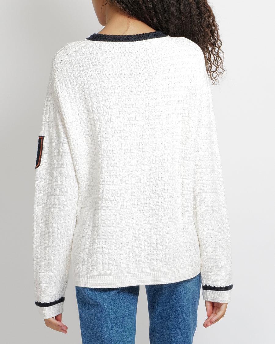 Loro Piana White Silk Knitted Jumper with NavyTrims and Monaco Arm Patch Size L (UK 12)