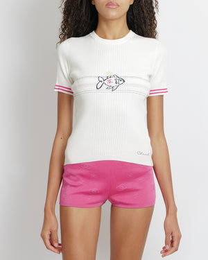 Chanel Spring 2022 Hot Pink Shorts with Embroidered CC Logos and Pink Crystal CC Logo Button Detail Size FR 36 (UK 8)