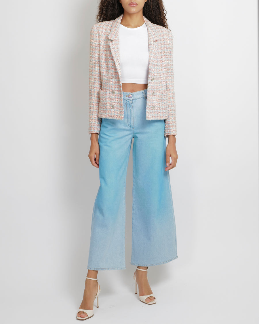 Chanel Vintage 96P White, Pink and Blue Tweed Jacket with Polished Silver CC Logo Buttons Size FR 42 (UK 14)