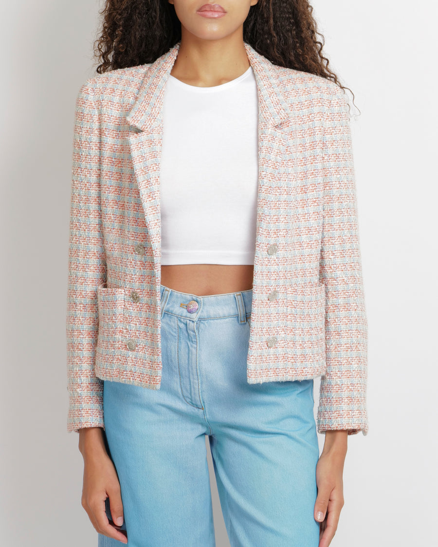 Chanel Vintage 96P White, Pink and Blue Tweed Jacket with Polished Silver CC Logo Buttons Size FR 42 (UK 14)