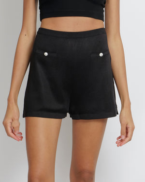 Chanel Black Silk Shorts with Pearl CC Logo Buttons with Crystal Embellishments Size FR 36 (UK 8)