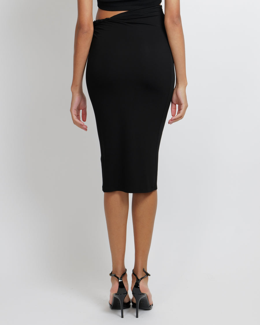 Versace Black Midi Skirt with Waist Wrap Detail and Gold Logo Ring Size IT 36 (UK 4) RRP £1,100
